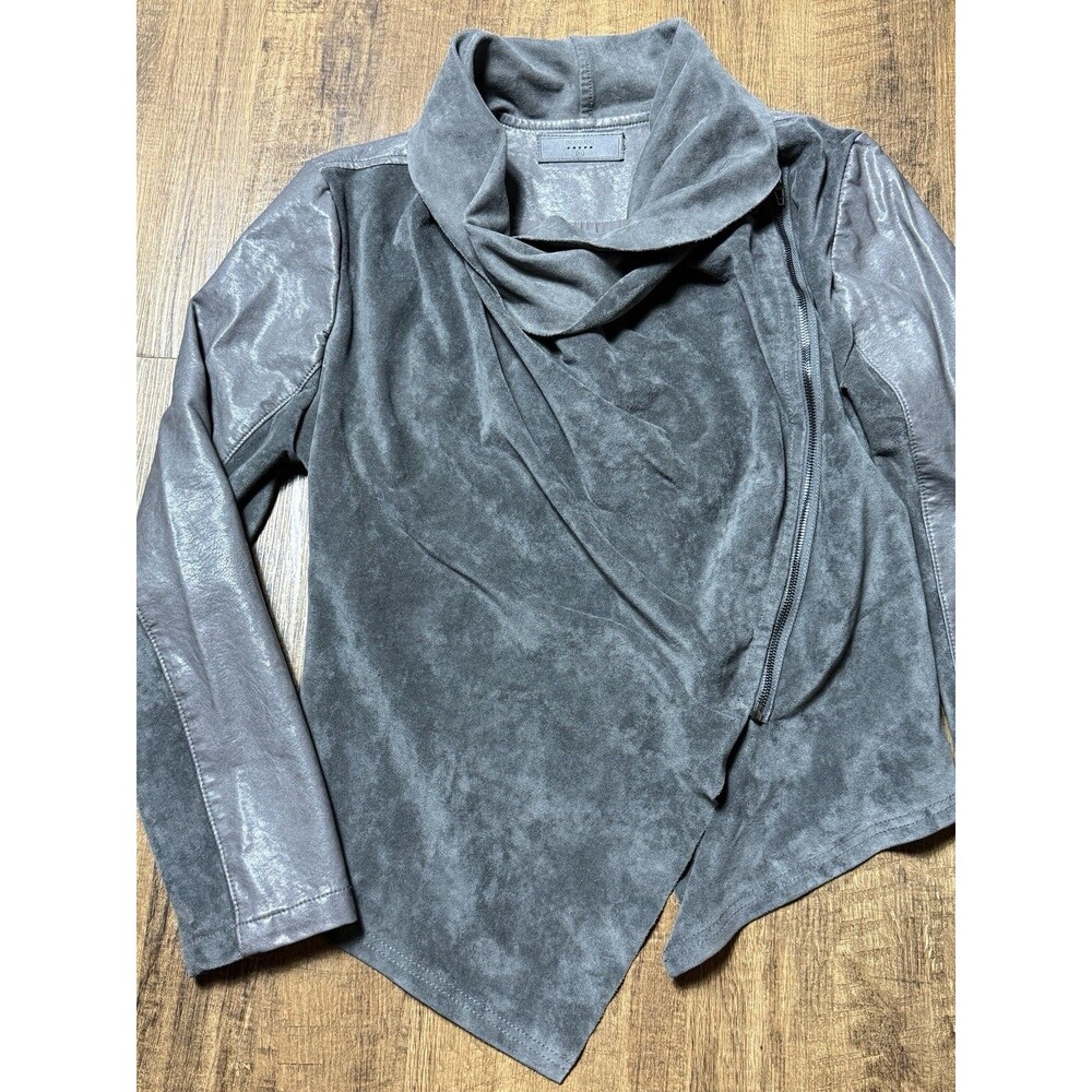 BLANKNYC Gray Leather Suede Side Zip Front Drape Jacket Womens Med Biker Grunge - Picture 9 of 11